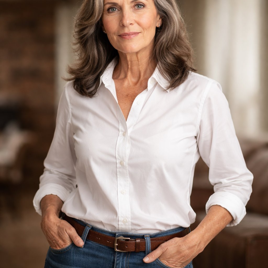 A 60 year old lady who has brown hair fading into a light gray and she has light blue eyes. She is wearing a white button up shirt and jeans. She looks determined and looks like a leader.