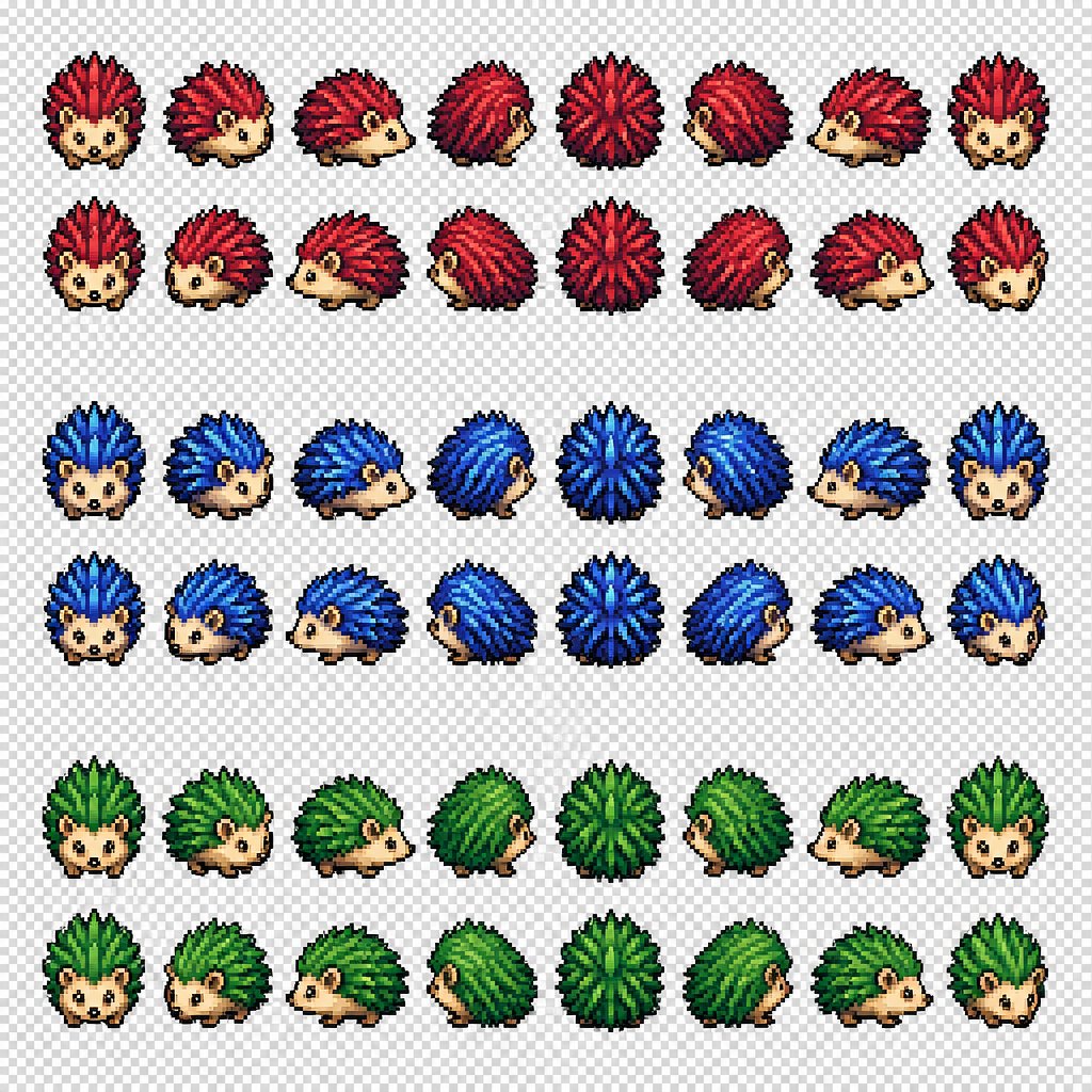 Hedgehog for a fantasy game set in modern times, top-down style, 360, different colors