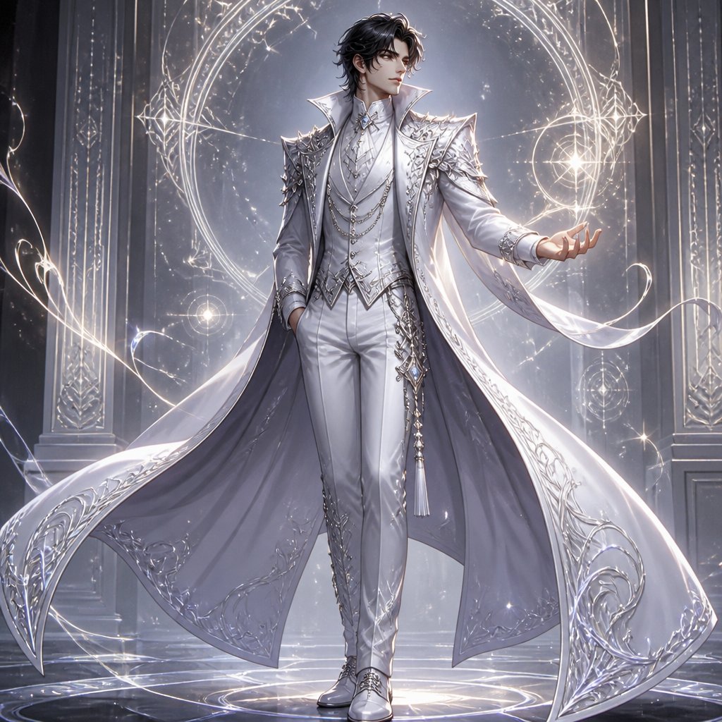 Fancy white suit with long jacket and silver lining