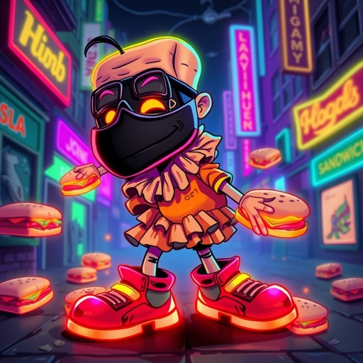 Create a funny looking clumsy sandwhich thief with funny shoes on. Make him have on the bandit black thing around his eyes 