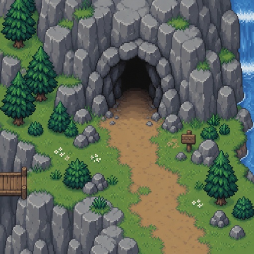 Cave on the side of a mountain for a fantasy game set in modern times, top-down style