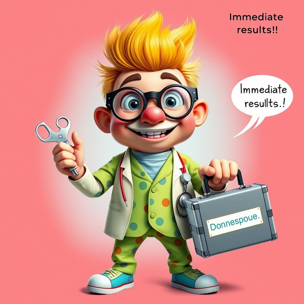 create a funny looking doctor, named doctor p Pom. Who is funny looking from head to toe. And he always says immediately results to surgery for anything even small things. So please be sure to show his whole outfit head to toe.