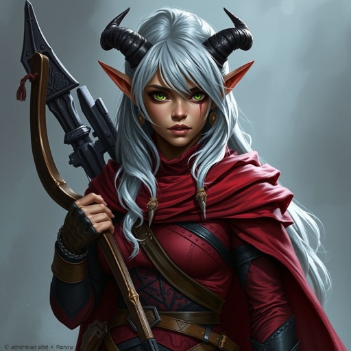 Dungeons and dragons female tiefling rogue. Silver hair, bronze skin, red clothing. Short nubby horns. Long bow. Thigh high boots. Green eyes