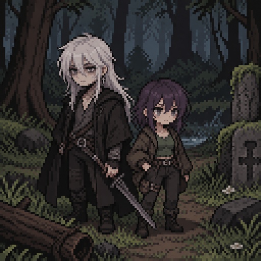 Anime style, male, name kai,highly skilled in fighting all fighting styles and weapons, long white hair half in face ,dark bags,white skin,earrings, history unknown,Female, name is Beth,medium wavy dark purple hair, gray eyes, short, open jacket with a dark green shirt, she is a Bounty Hunter for hire, she’s tracking down Kai in the woods