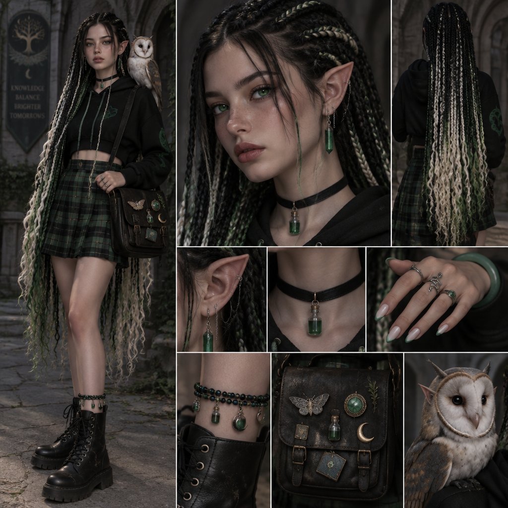 Female, 16, 5’9 tall, stitch braids that go to ankles, black hair with bleached tips and poison green creeping up the bleached tips, emerald green eyes, slightly pointed ears, pale skin, green crystal drop down earrings that connect to a higher part on ear, black choker with a small green crystal potion charm, black cropped hoodie with green accents, a black and green plaid skirt that stops 2 inches from the knees, a beefed black green and blue beaded leg bracelet with potion charms every few beads, black combat boots, a leather satchel across the body with pins fantasy pins, a jade bangle on one hand, fidget rings placed randomly on fingers, white medium almond nails with poison green French tips, really really long hair, an elf owl on her shoulder,