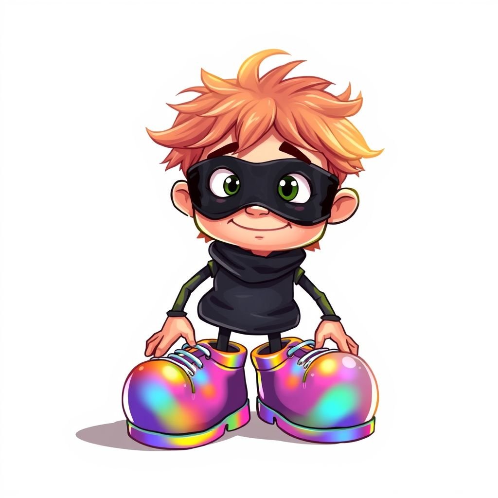 Create a funny looking clumsy sandwhich thief with funny shoes on. Make him have on the bandit black thing around his eyes