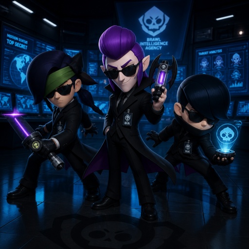 Kenji, Mortis, and Edgar from brawl stars as spy’s, dynamic poses