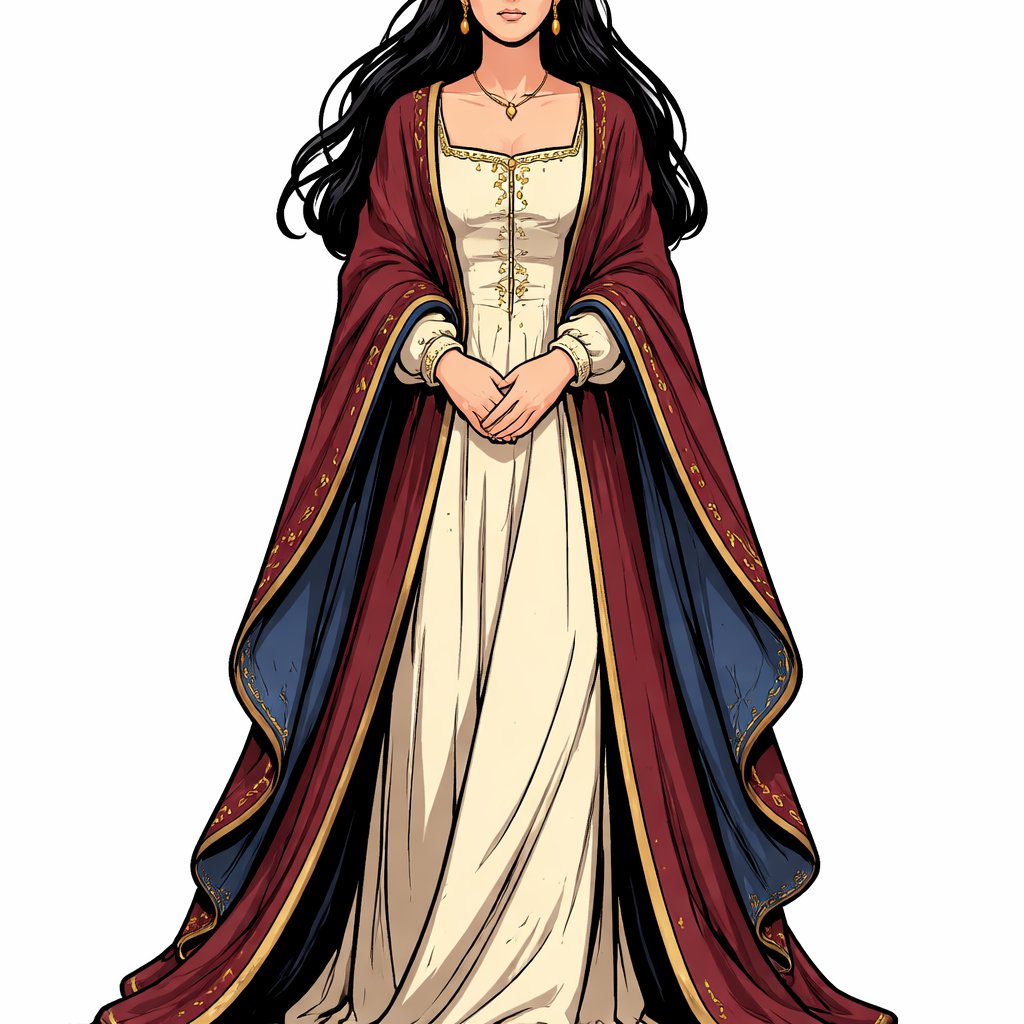 No caricatures no speech bubbles a slim tall modest woman with long black hair in renaissance robe. front view