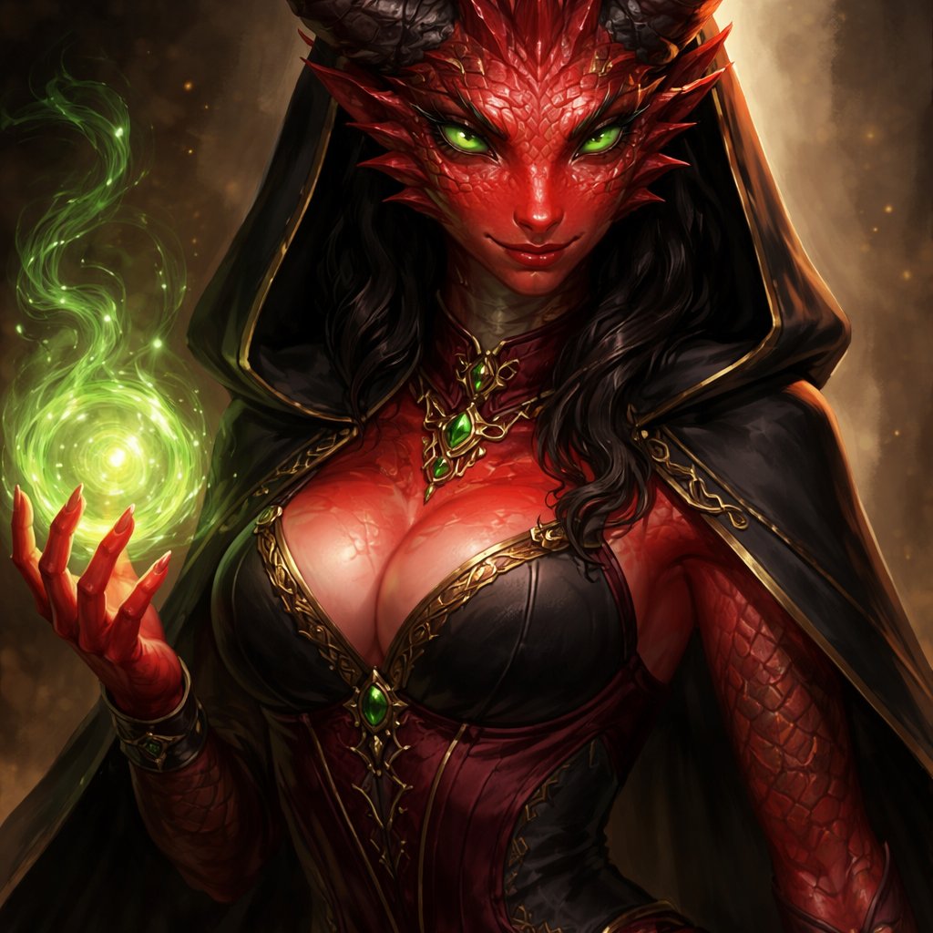 a deceptive dnd red dragonborn sorcerer lady with green eyes and b cups