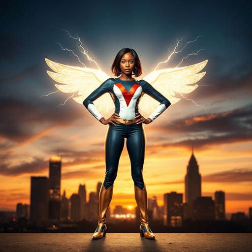 African American female superhero with shoulder length hair in a side part style and wings made of white lightning wearing a slightly homemade white blue and black suit with black pants with a stylized V as her chest emblem wearing blue flat boots made of gold standing in Philadelphia at dusk