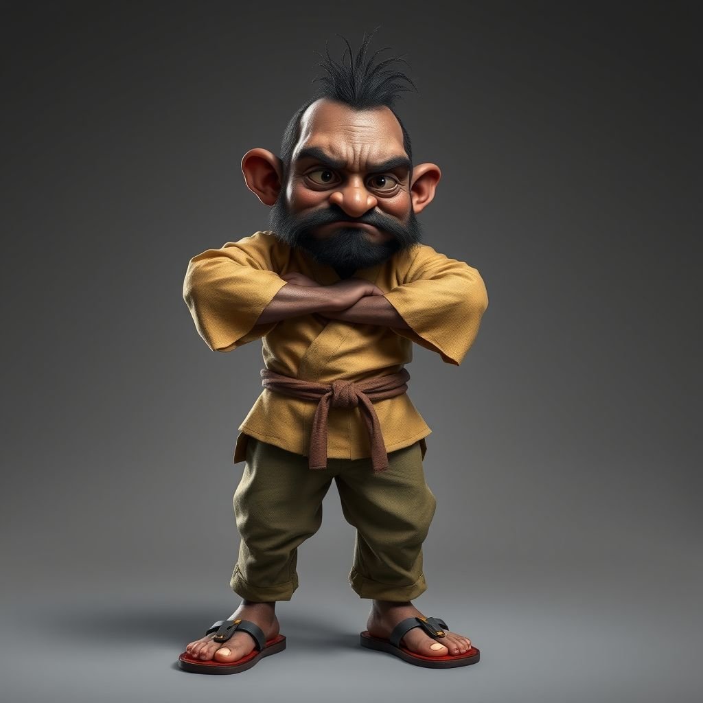 Create a funny looking African sensei. Show the whole character from head, body , legs , feet and make him serious. 