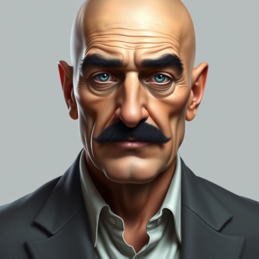 A bald human man in his early fifties with a a black mustache