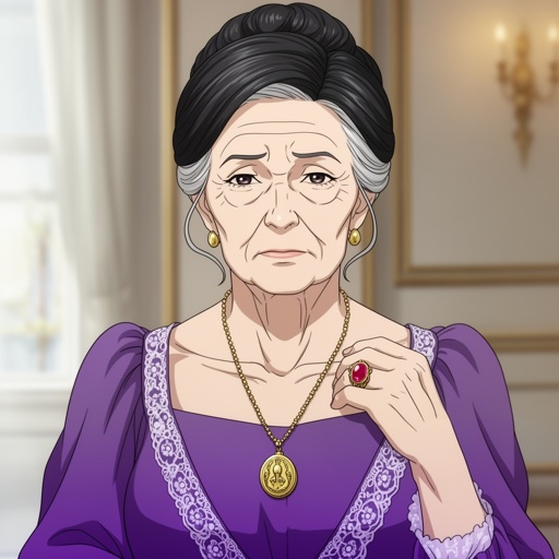 Old woman,  fancy purple dress, black hair with streaks of gray in it, hair is pinned up,  ruby ring, Neutral look on her face, gold locket