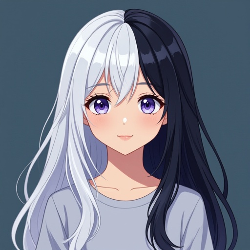 Create an anime 8 year old girl with long half white and half black half and lavender eyes