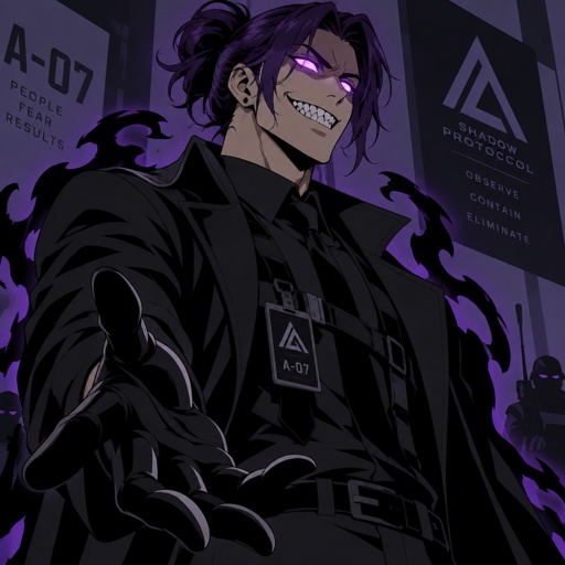 Anime style, Agent Ward male, made to be a weapon, highly skilled, emergency backup case he gets out of control, hair violet messy bun, clean shaven, night vision eyes no goggles, sharp teeth, dark power, tall, intimidating, big grin, he's used as an emergence backup weapon,he used to look like a pale skin,brown eyes,black hair hair was neck long,and used to be very cheerful 