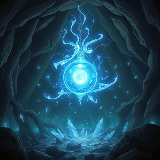 Ball of blue magical light floating in a cave