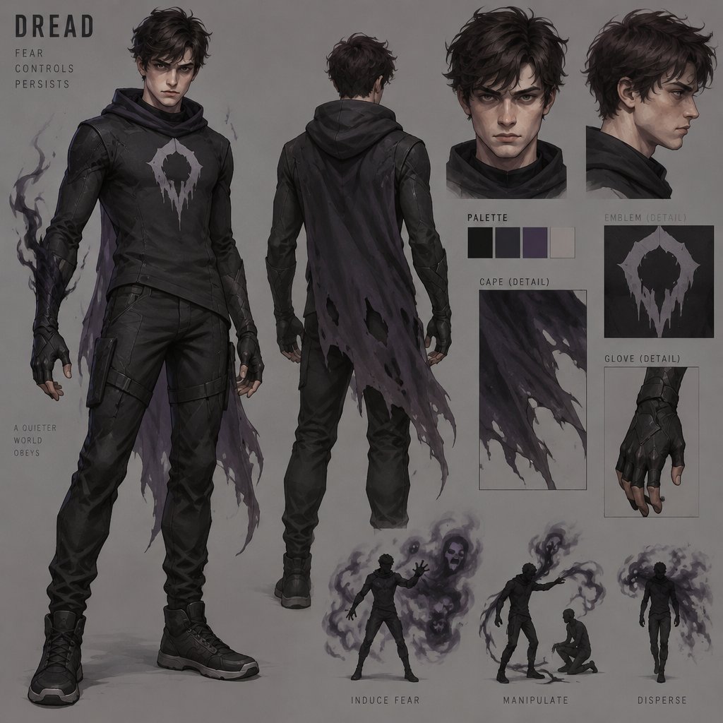 Young Male Superhero with fear abilities, simple costume