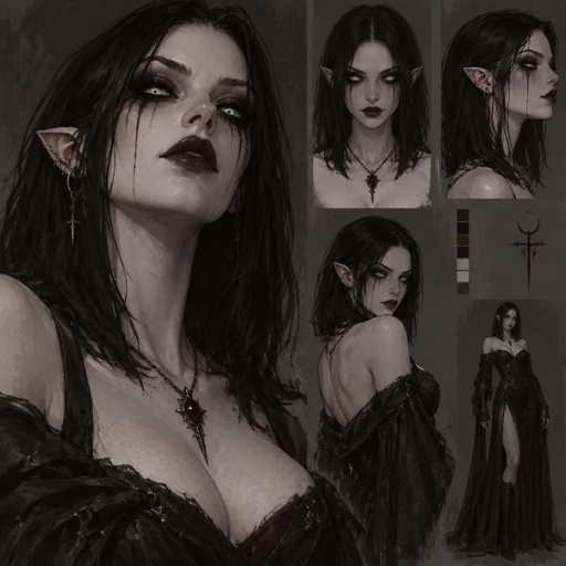 Female, straight black shoulder length hair, no bangs, vampire, white skin, completely black big eyes, white pupils, dripping mascara, dark lipstick, necklace pendant, sassy, pointy ears, concept,