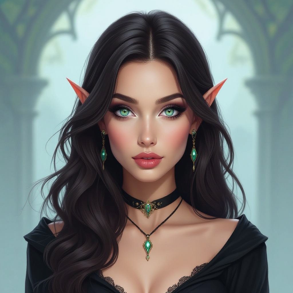 Kobieta o ciemobrązowych włosach do pasa, jasnych zielononiebieskich oczach, pełny makijaż. Ubrana na czarno
