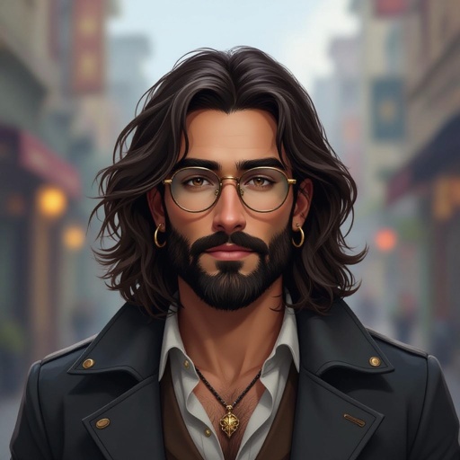 Mężczyzna o długich, ciemnobrązowych, falowanych włosach. Mocnym zaroście na brodzie i wąs. Bokobrody. Wąs wywinięty do góry.  Brązowe oczy. Ubrany alternatywnie. Duże okulary z wąskimi oprawkami.  Kolczyki w uszach. Okrągła twarz. Kolczyk w nosie. 