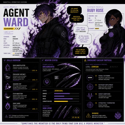 Anime style, Agent Ward, made in a secret lab to be best weapon and good at everything, highly skilled,be kept in check and have an emergency backup in case he gets out of control, Wards hair a messy bun hair color violet, is clean shaven, yellow night vision eyes, sharp teeth,has a dark power energy from experiments,best agent, in late 20s, tired, tall, eyes sensitive to light, easily migraines, likes making jokes, mischievous and dangerous,grins, hates being told what to do, intimidating, laugh like a maniac cares about his partner ruby rose she's dark skin serious plays by the rules and firm but nice to ward them standing together ruby arguing to wards “stop being so intimidating you’re going to give are suspect a hart attack!” Ward says “what I’m just making the job go faster he’s fun and was very helpful “ he proceeds to laugh ruby says under her breath “this isn’t funny”