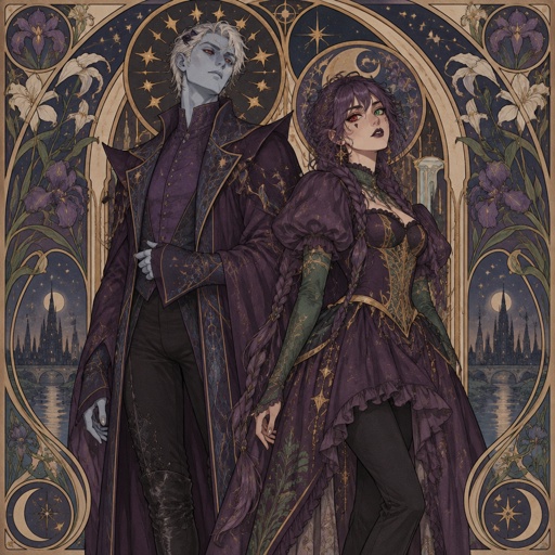 Male, short brushed back silver hair pointy, light blue skin, completely full red eyes, halo of gold stars surrounding head, purple long coat buttoned up, purple shirt and collar, shirt sleeves over palms, tall boots, black pants, blue details on clothes, pointy shoulder pads dark purple, Female, purple braids, messy bangs, one red eye the other green, black triangle under eyes, stars on face, dark purple lipstick,  purple dress with a short front, puffy short sleeve, gold corset, long green sleeves, green details on clothes, stars on top, ruffled collar, black pants