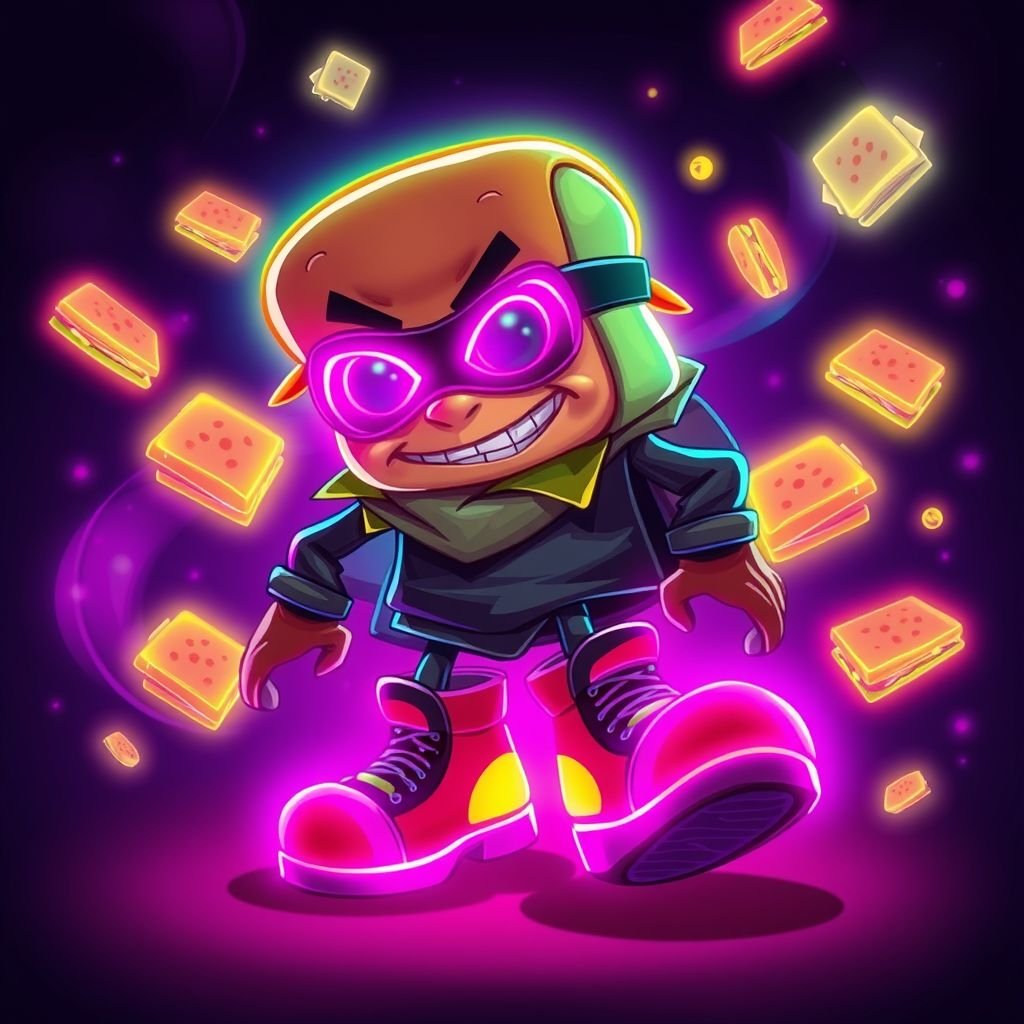 Create a funny looking clumsy sandwhich thief with funny shoes on. Make him have on the bandit black thing around his eyes