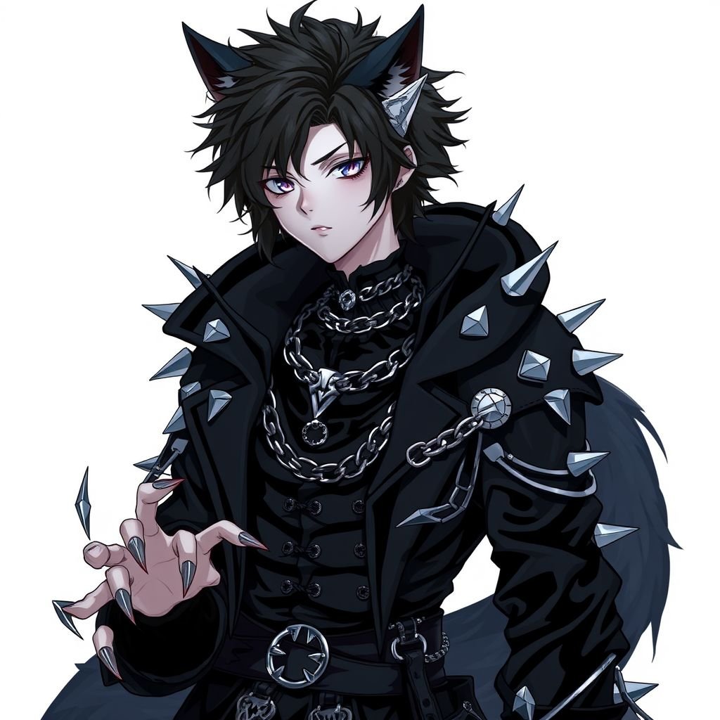 Create in anime style, a young adult, pale skinned, gothic male human wearing black attire and has werewolf features including werewolf’s ears and werewolf’s claws and a werewolf’s tail. 