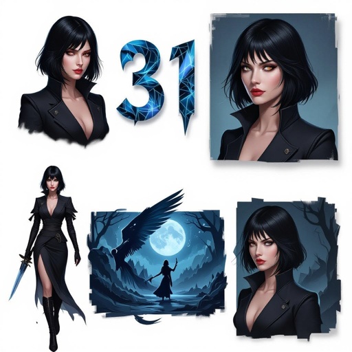 Show character head to toe. Create a mid age fantasy woman jet-black hair is cut sharpand her eyes seem to pierce through darkness. A shadowy aura clings to her form,