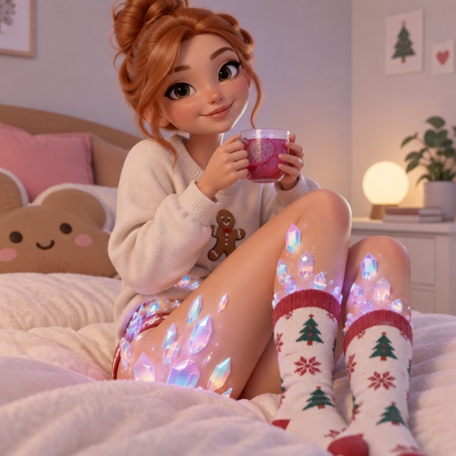 Ginger from Dandy’s world in her room letting her Opalite curse spread up her legs to her hips and waist and the tops of her Christmas socks with her drinking some dragonfruit tea aka her lover my dandy’s world oc and summer main Crafter the opalite shards favourite 