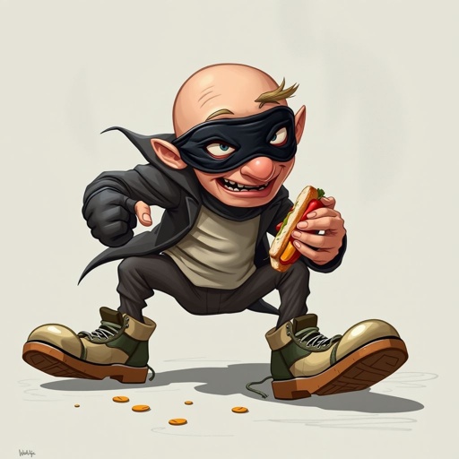 Create a funny looking clumsy thief with funny shoes on. Make him have on the bandit black thing around his eyes. And wanted for stealing sandwiches 