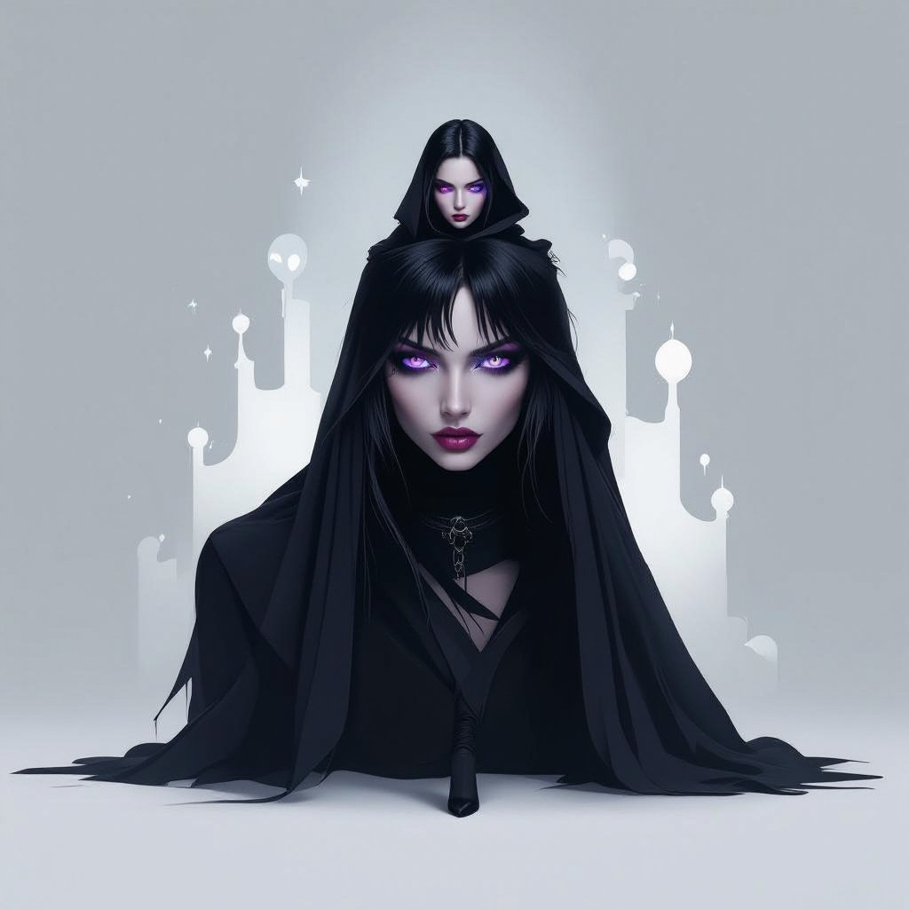 Create chunky mysterious woman jet-black hair is cut sharp to her jawline, and her violet eyes seem to pierce through darkness. A shadowy aura clings to her form, faint shapes shifting and flickering behind her like whispers of another realm.