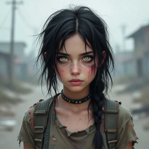 A 16 year old teenager girl with dirty black soft hair and beautiful green eyes
