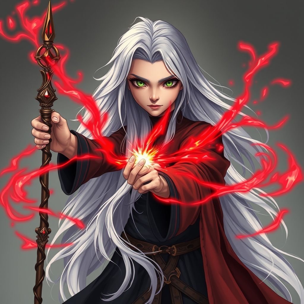A 70 year old witch who uses magic to look younger, and makes it out of her wand. The red magic will split the screen with one side being an ugly witch and the other being a beautiful young welsh woman.