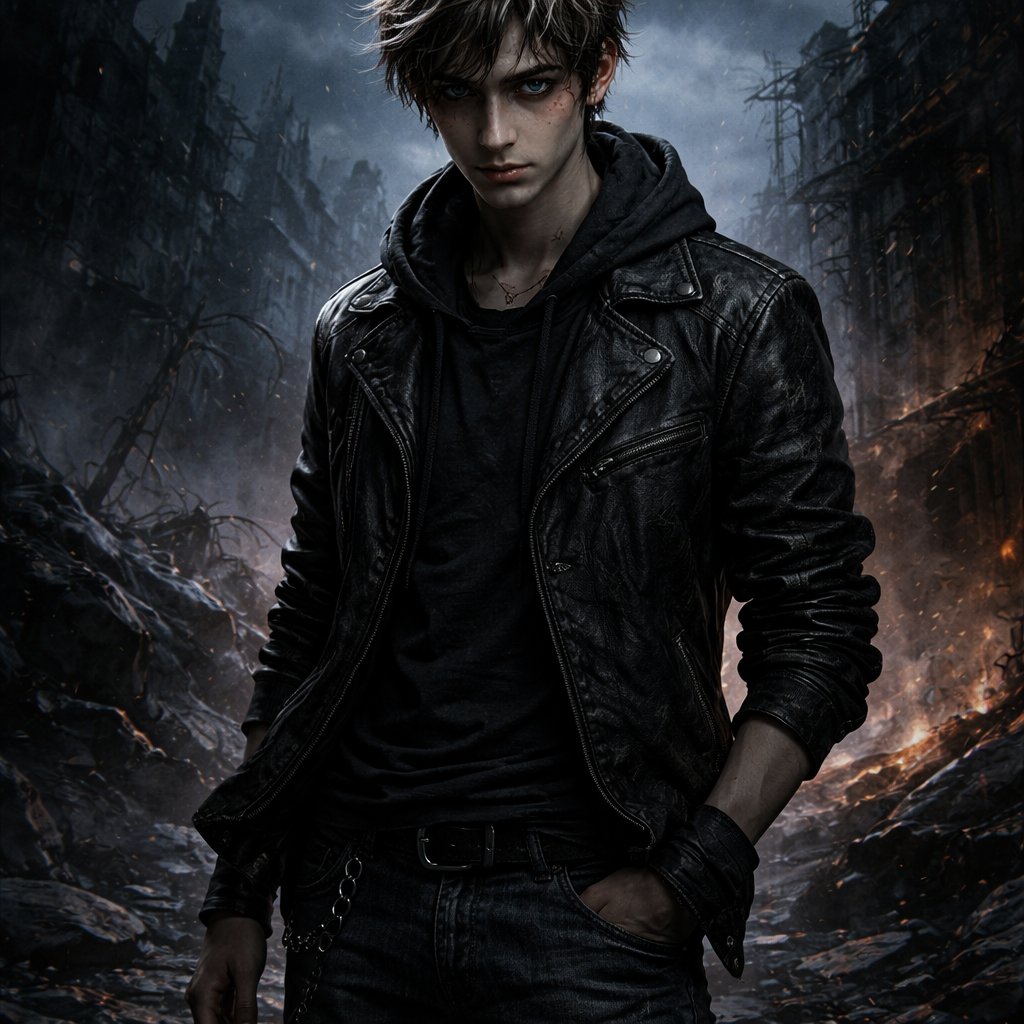 A 17 year old boy who has brown hair with white stripes and blue gray eyes. He is wearing a black jacket and jeans. He looks strong.