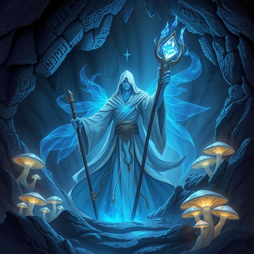 Sparkling magical blue gem floating in a cave