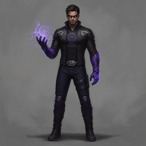 Male Villain with technology abilities, eye mask, stubble, no trench coat