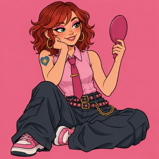 Female, teen, freckles, dark green eyes, hot pink eye shadow, hoop earrings, smiling , wavy red neck length hair, bangs on one side of face, sleeveless button up pink shirt, pink tie with gold clip, blue heart tattoo with a yellow sun inside on shoulder, baggy pants with gold chain, two belts with dark and light pink triangles, looking in hand mirror 