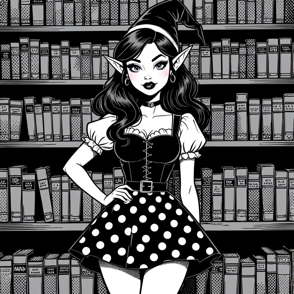Black and White Polka Dot Miniskirt Elf Witch Librarian with Brunette Hair