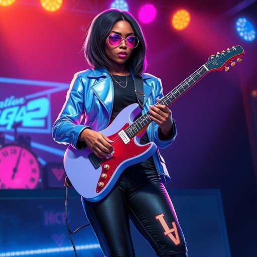 African American female cyberpunk with shoulder length hair in a layered side part style wearing a black shirt and a glowing blue jacket rose gold and purple shades and black jeans with black boots playing a Flying V electric guitar in a club