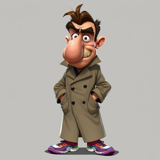 Create a character who is a goofy looking detective, who is confident. But funny looking and grouchy . With cool shoes on.