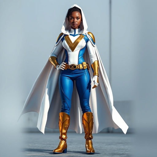 A teenage African American female superhero  wearing a white  cloak with a hood over a professionally made slightly armored white and blue suit with blue pants gold accents and a stylized V as her chest emblem a utility belt and gold boots