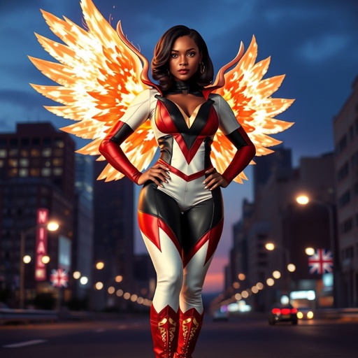 African American female superhero with shoulder length hair in a side part style and wings made of white fire wearing a slightly homemade white red and black suit with black pants with a stylized V as her chest emblem wearing red flat boots made of gold standing in Philadelphia at dusk