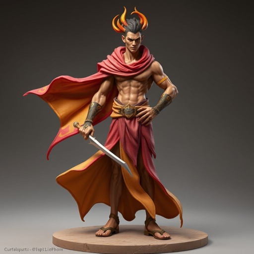 Create handsome hero Rhen the Fire – A lean, muscular man. He wears layered, flowing desert robes dyed in warm reds and golds, with scorch marks where flames have licked them. A curved blade hangs at his hip. Show whole body head to toe including her shoes.