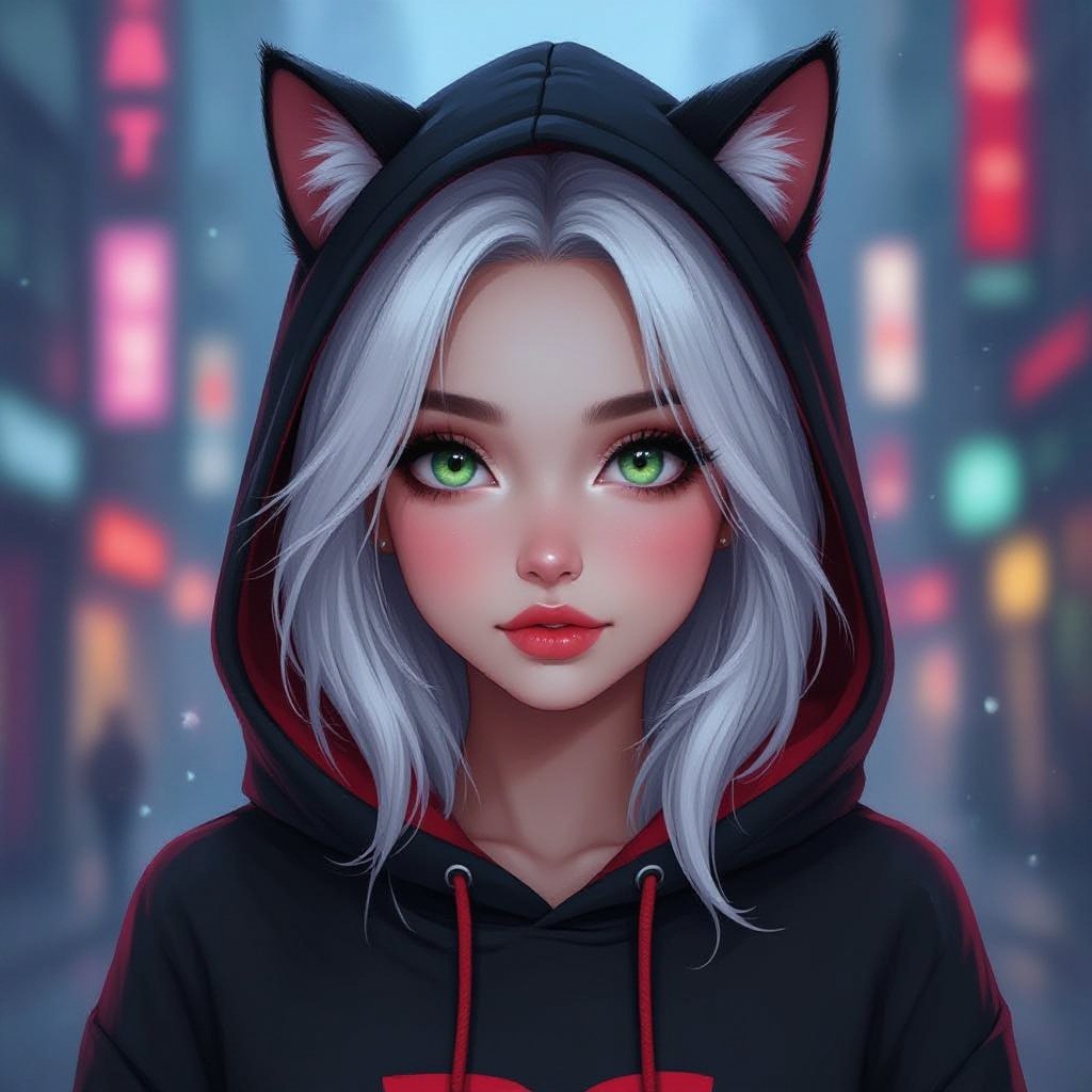 Młoda kobieta. Włosy do ramion, z grzywką, prawa połowa włosów biała, lewa połowa włosów czarna. Okrągła, pyzata twarz. Szaro-zielone oczy. Wąskie, małe usta. Ubrana w czarno czerwoną bluzę z kaptórem z kocimi uszkami. Realistyczna