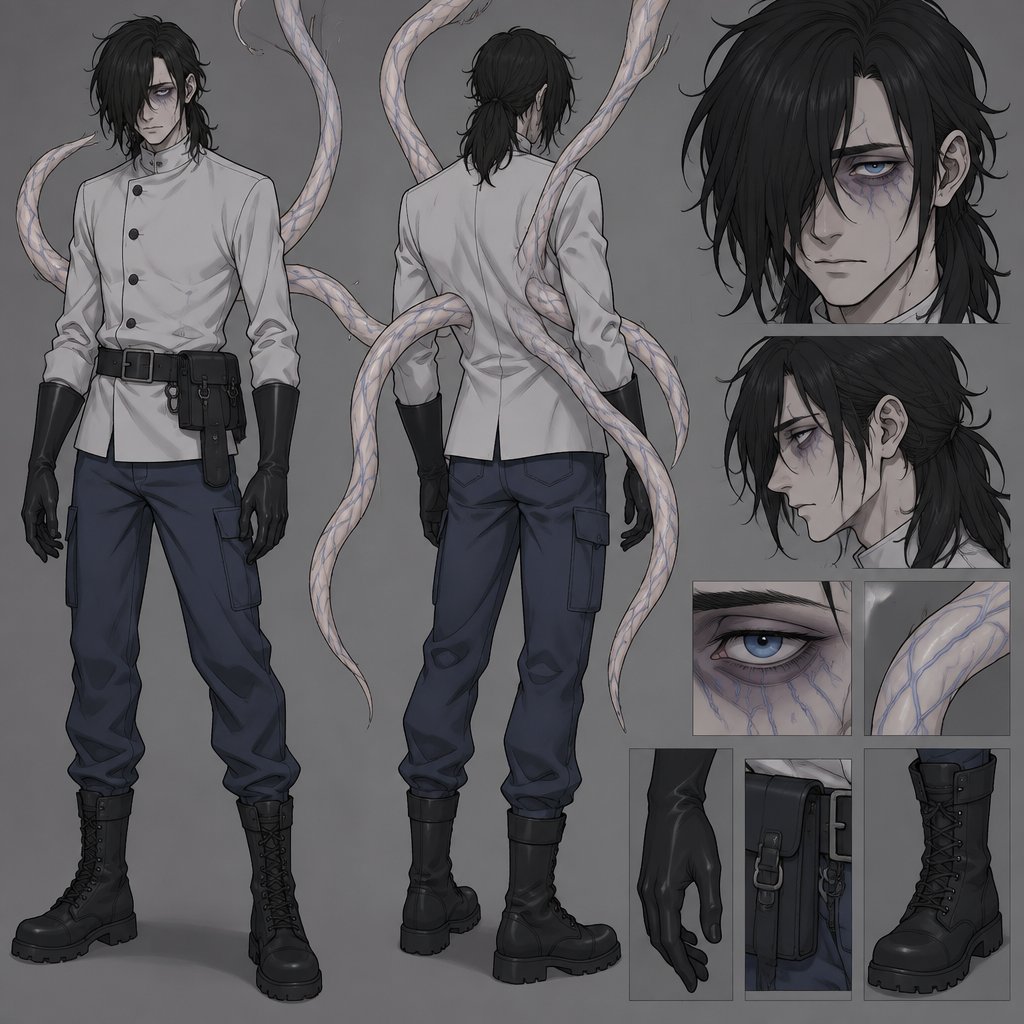 Male, black messy greasy hair, thin shoulder length hair in the back, long hair in the front covering one eye, blue eyes, eye bags, veins under eyes, pale tendrils coming out of back with veins, blue pants, boots, black rubber gloves, short scientist jacket buttoned up, belt with pouch, cartoon style