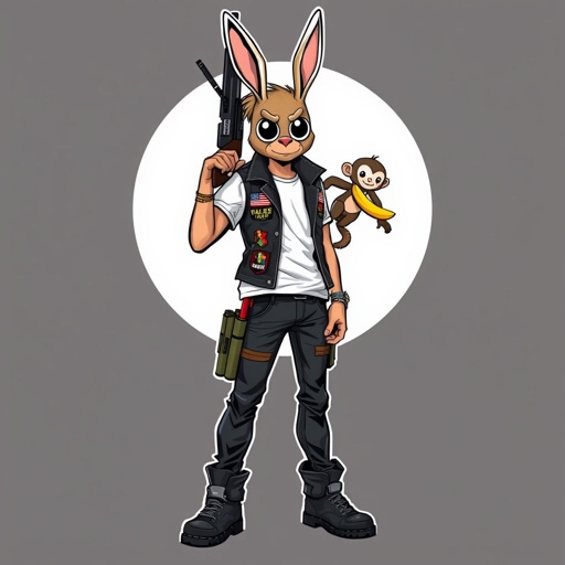 14 year old boy 5’6 he has a white t shirt he Caucasian with a black biker vest jacket with a  American flag colored shotgun on his back ,he also has skinny jeans along with black boots he wears a tan bunny mask with black eyes as cameras,the mask is half white half ball split wise he has shotgun shells on his waist and he has a baby monkey on his shoulder eating a banana while he’s walking 