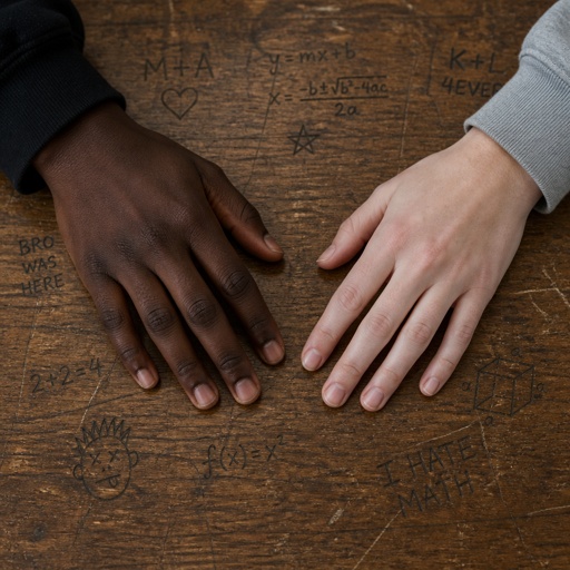 Next to each other Two people hands almost touching A black hand and a white hand on a math desk