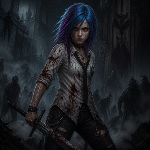 A 17 year old girl who has blue hair with purple and black stripes and hazel eyes. She is wearing a dirty shirt and black pants. She holds a sword and looks ready to fight. 