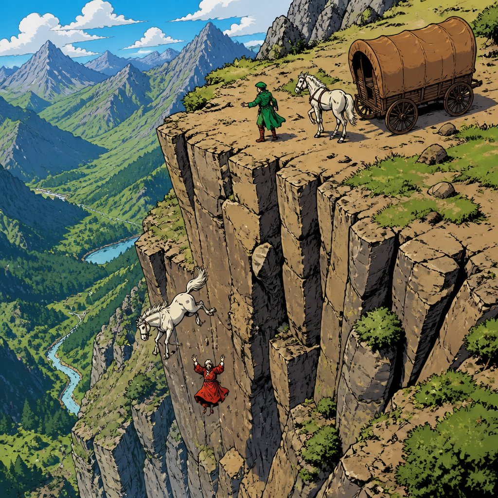 Extreme longshot, drone view, highly realistic, vivid colors. We see a small white horse falling off a cliff, and the writer is wearing a red Renaissance robe, and he too, was falling off. A top of the cliff is another Whitehorse with a person wearing a green renaissance robe and a beret in the background also is a waggon covered by brown canvas mountainous area sunny day no speech bubbles no print dots realistic